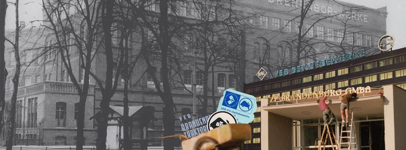 Fotocollage mit den größten Industrieunternehmen der Geschichte Brandenburgs Traditionen der Transformationen – Vom Kinderwagen zum Getriebe - Veranstaltung im Industriemuseum Brandenburg